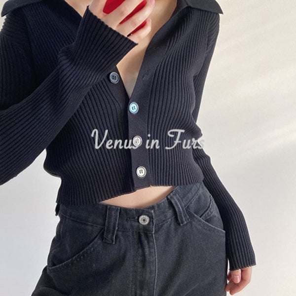 Zoki Autumn Knit Women Cardigan Long Sleeve Fashion Button Up Crop Carousel 2