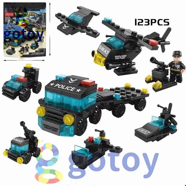 123Pcs 6 In 1 Mini SWAT Police Truck Model Building Blocks Helicopter Car Carousel 1