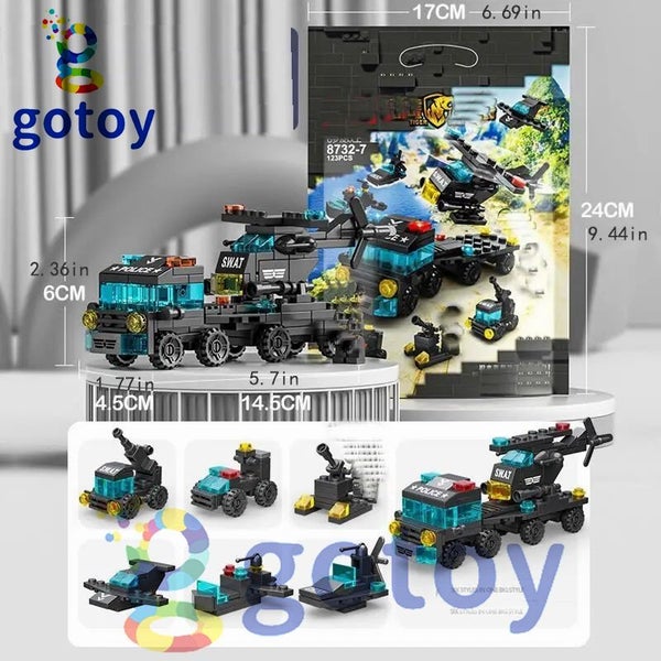 123Pcs 6 In 1 Mini SWAT Police Truck Model Building Blocks Helicopter Car Carousel 2