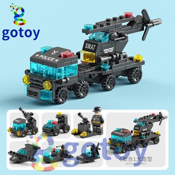 123Pcs 6 In 1 Mini SWAT Police Truck Model Building Blocks Helicopter Car Carousel 9