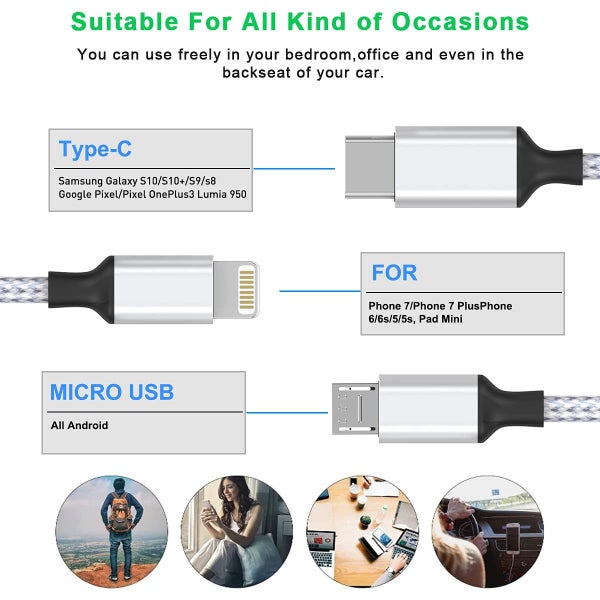 Universal Type C 3 in1 Ports Charging Cable USB C/Micro USB/Lightning Connector Carousel 2