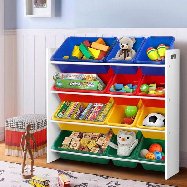 Keezi 12 Plastic Bins Kids Toy Organiser Box Bookshelf Storage Children Rack Carousel 7