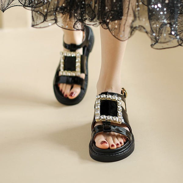 Summer Flat Heel Sandals Cowhide Patent Leather Open Toe Casual Carousel 2