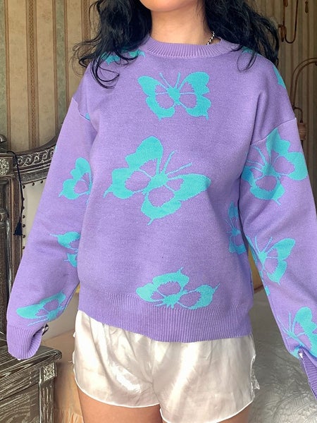 HEYounGIRL Butterfly Print Casual Kawaii Cute Sweaters Women Autumn Carousel 1