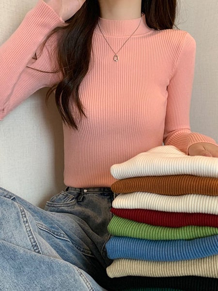 ZOKI Simple Women Sweater Winter Stand Collar Fashion Pullover Carousel 2