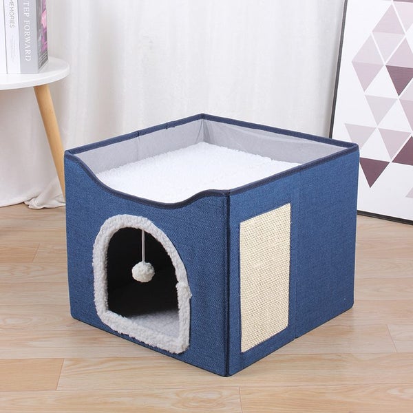 Cat Cave for Pet Cat House with Hanging Ball and Scratch Pad-Blue Carousel 1