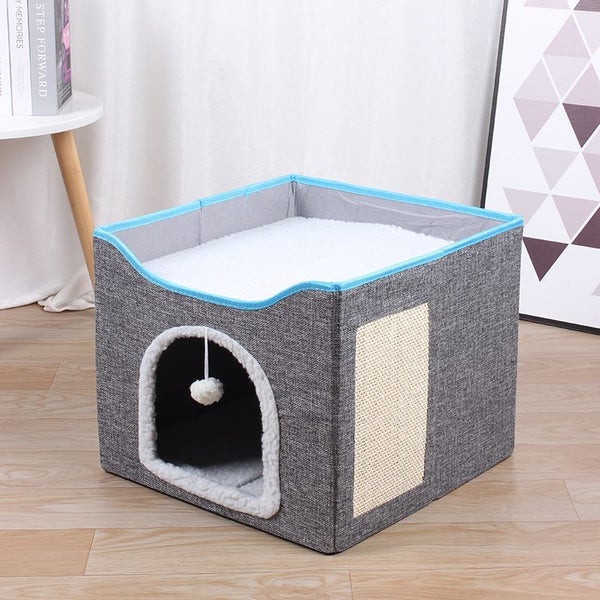 Cat Cave for Pet Cat House with Hanging Ball and Scratch Pad-Gray Carousel 1
