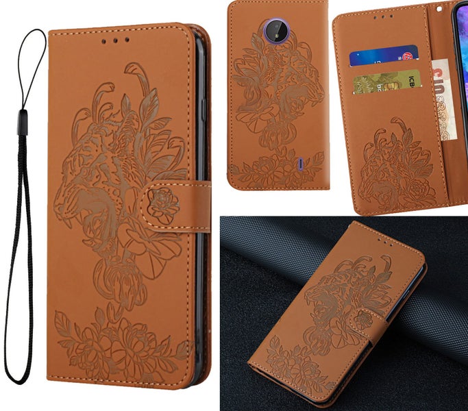 Nokia C10 embossed PU leather wallet case floral & tiger brown Carousel 1