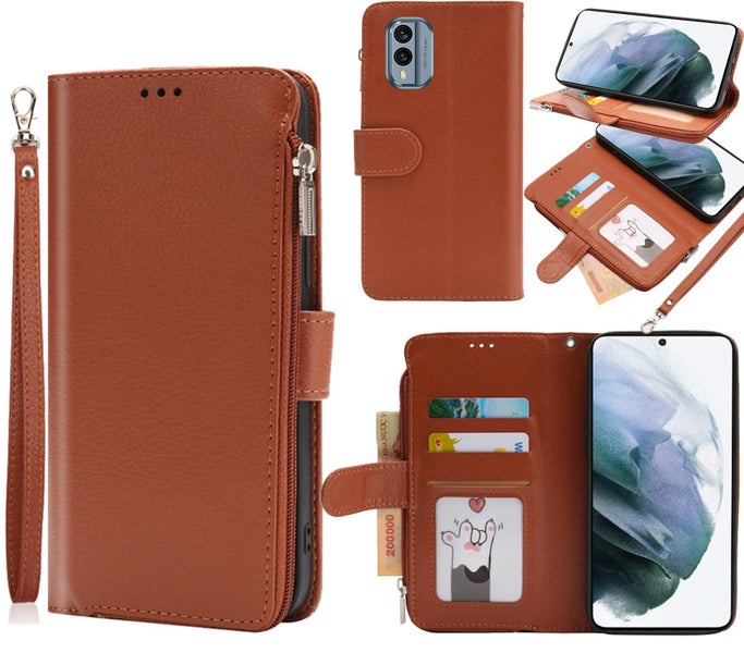 Nokia X30 full grain finish wallet case zipper & wrist strap tan Carousel 1