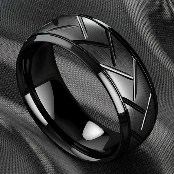 Men's Titanium Gun-Metal Black Band with Edgy Groove Detailing Carousel 1