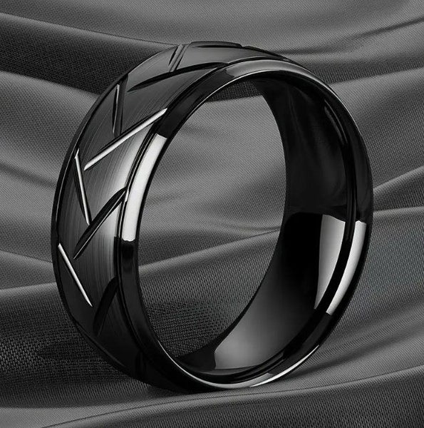 Men's Titanium Gun-Metal Black Band with Edgy Groove Detailing Carousel 2