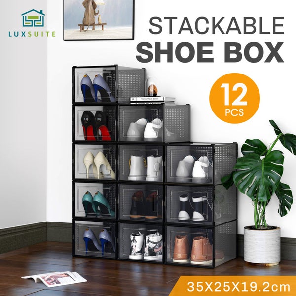 12PCS Stackable Shoe Storage Box Sneaker Display Case Shelf Rack Black Carousel 2