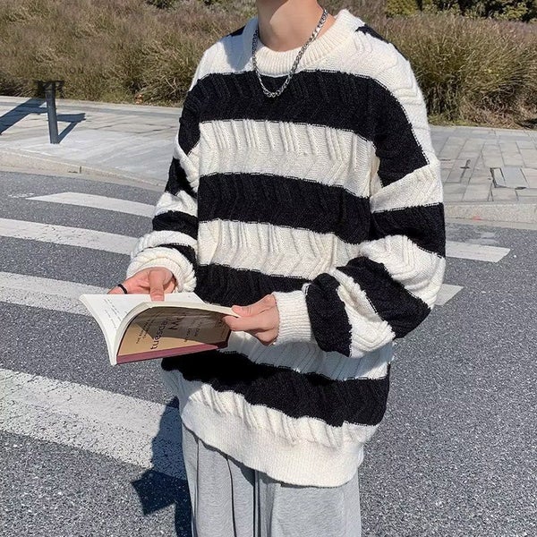 Autumn Winter Striped Fashion Casual Loose Male Sweaters Long Sleeve Carousel 1