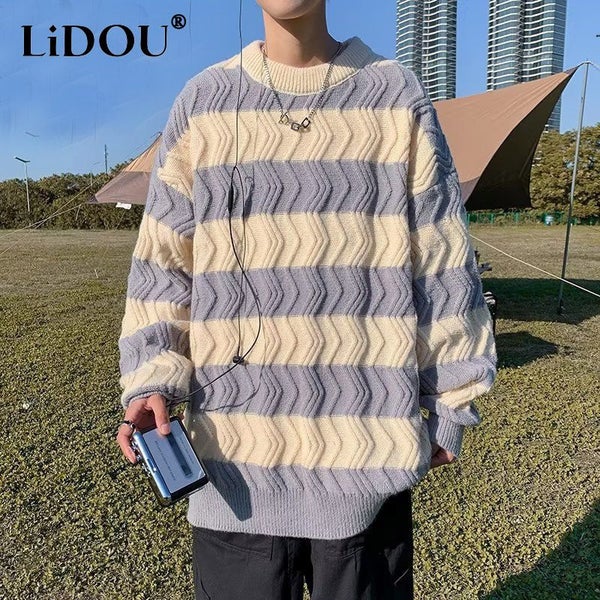 Autumn Winter Striped Fashion Casual Loose Male Sweaters Long Sleeve Carousel 2