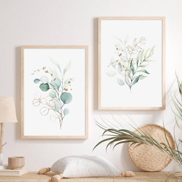 2pcs Boho Watercolor Flowers Green Leaves Canvas Painting Posters Carousel 2