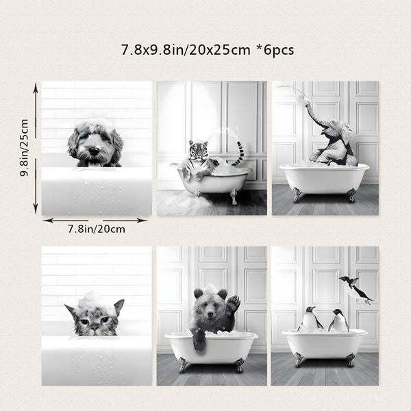 6PCS Happy Animals Swimming Black White Elephant Dog Posters Wall Art Carousel 2