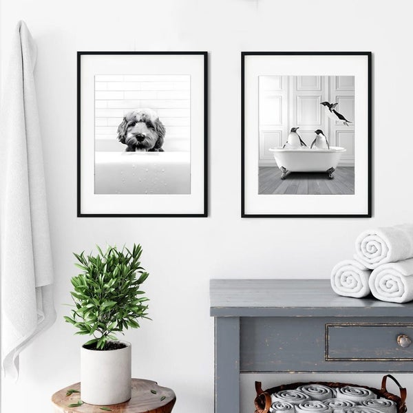 6PCS Happy Animals Swimming Black White Elephant Dog Posters Wall Art Carousel 6