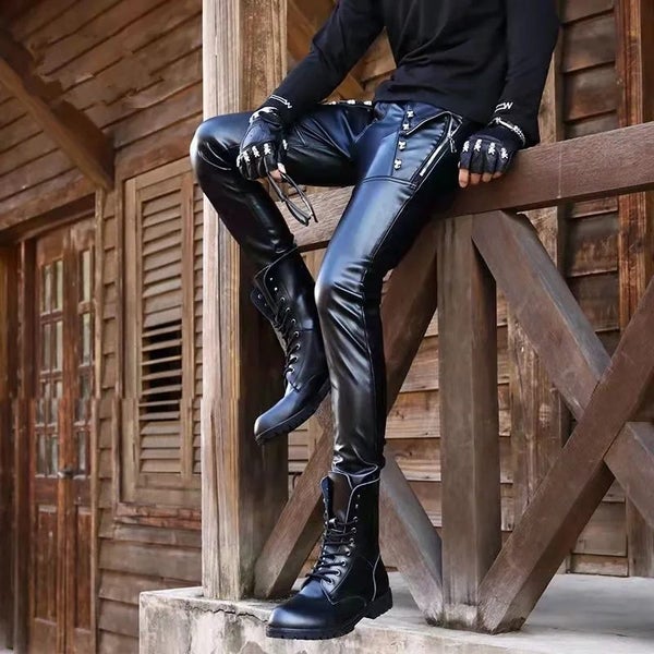 HOUZHOU Black Motorcycle Leather Pants Gothic Skinny Fashion Faux Pu Carousel 1
