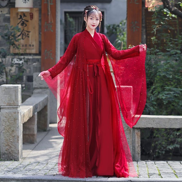 Original Hanfu Women's Ancient Costume Red Elegant Sequins Shimmering Carousel 2