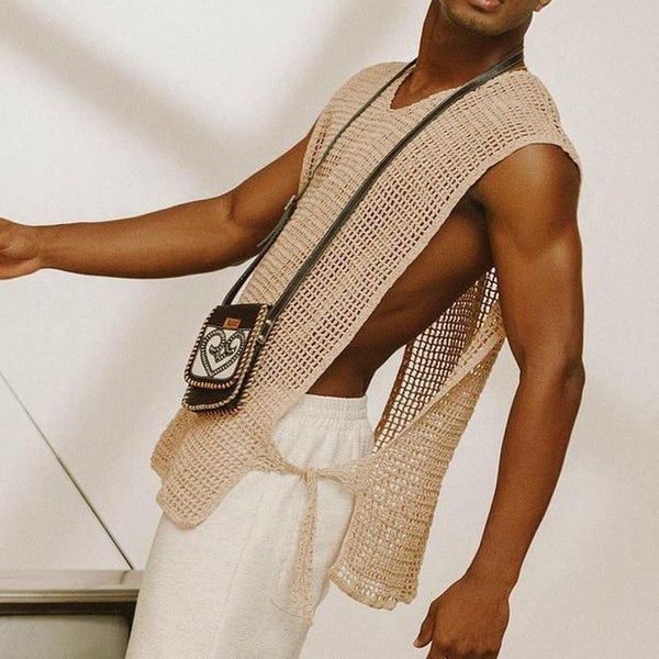 HOUZHOU Khaki Knit Mesh Vest Men Transparent Sexy Men's Tank Tops See Carousel 1