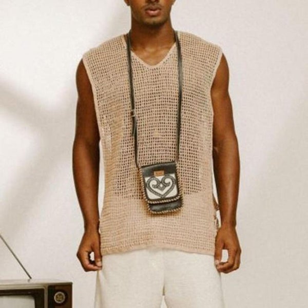 HOUZHOU Khaki Knit Mesh Vest Men Transparent Sexy Men's Tank Tops See Carousel 2