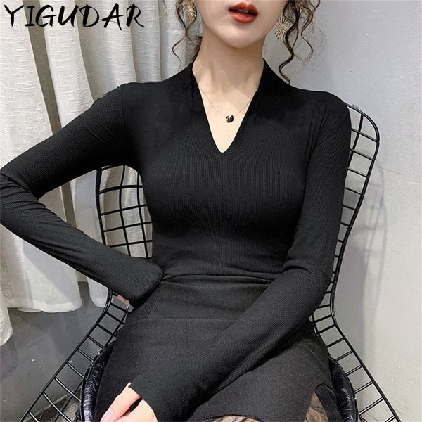 Sexy Deep V Neck Tee Shirt Femme Long Sleeve Tops Elasticity Slim Carousel 2