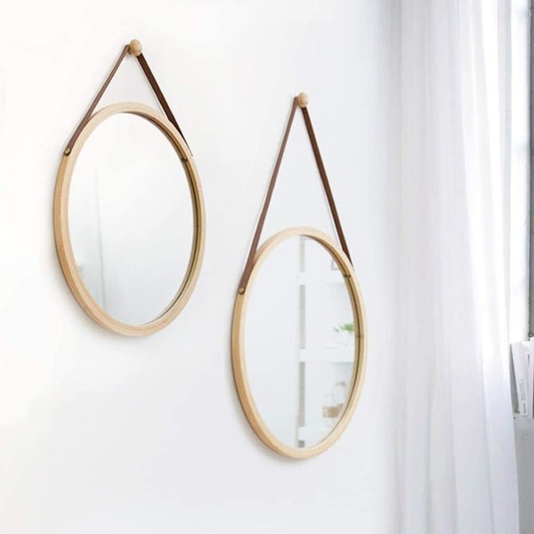 Hanging Round Wall Mirror 45 Cm - Solid Bamboo Frame and Adjustable Leather S...62933736127875114