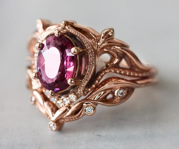*CLEARANCE* Fancy Oval-Cut Ruby & CZ Diamond Ring Set / 18KGP Rose Gold - S9 Carousel 1