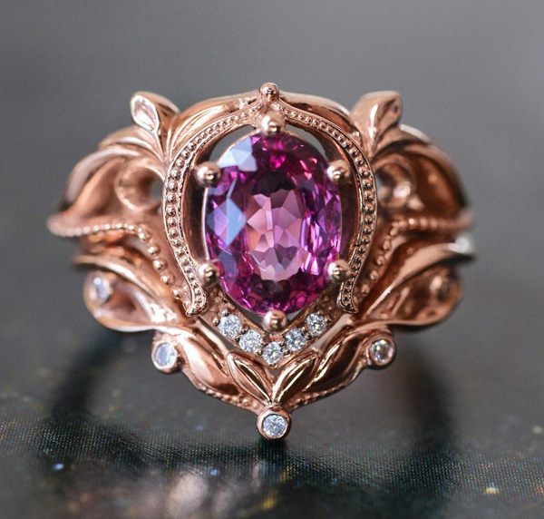 *CLEARANCE* Fancy Oval-Cut Ruby & CZ Diamond Ring Set / 18KGP Rose Gold - S9 Carousel 2