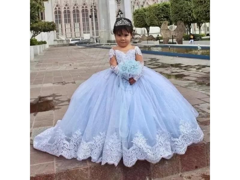 Light Sky Blue Puffy Flower Girl Dress Long Sleeves Lace Appliqued Tulle Carousel 2