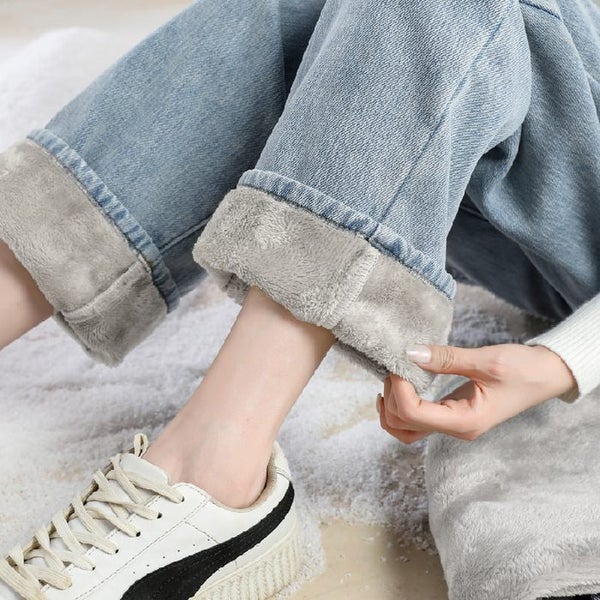 Winter Thick Velvet Women High Waist Skinny Wide Leg Jeans Simple Carousel 1