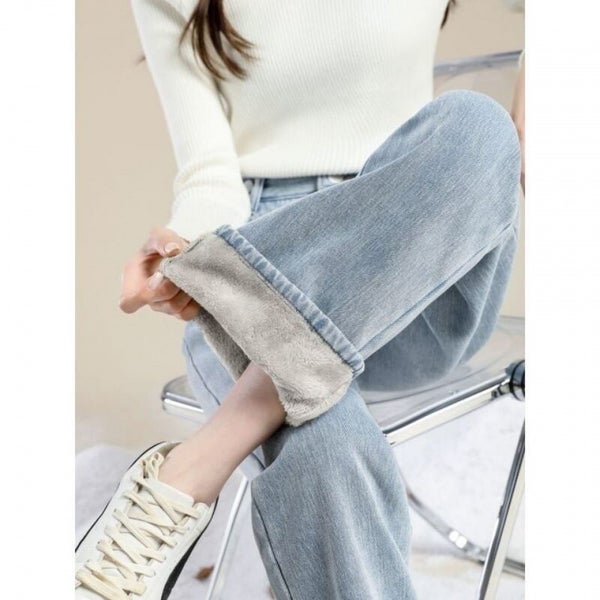Winter Thick Velvet Women High Waist Skinny Wide Leg Jeans Simple Carousel 7