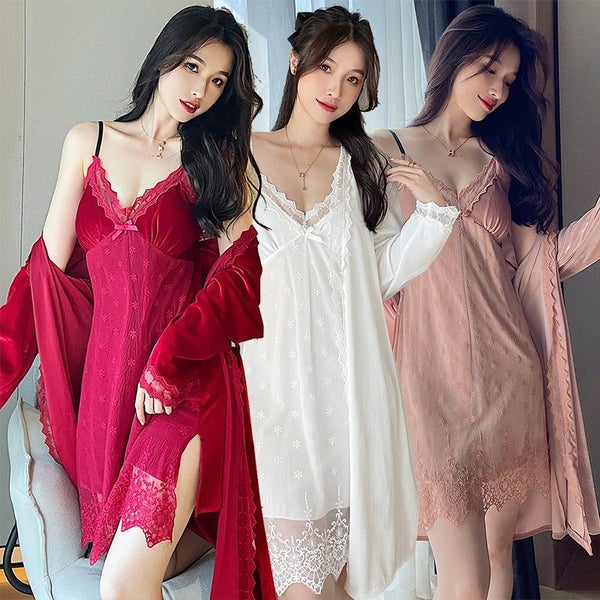 Autumn Winter 2PCS Sexy Thick Warm Gold Velvet Lace Nightgown Robe Carousel 2