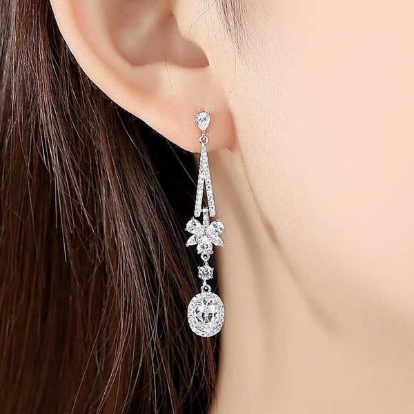 925 Sterling Silver Bridal Dangle Crystal Earrings "Esther" Carousel 2