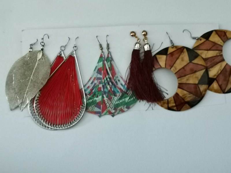 Big dangling earrings silver leaves wood ethnic red weave silver trim tassels or Carousel 1