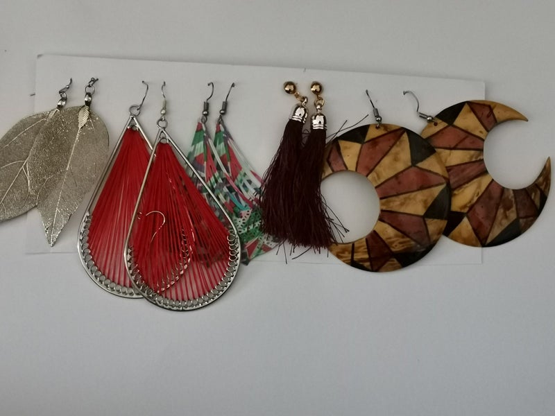 Big dangling earrings silver leaves wood ethnic red weave silver trim tassels or Carousel 2