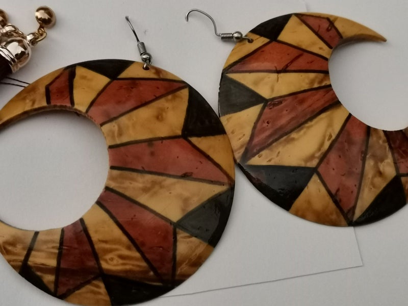 Big dangling earrings silver leaves wood ethnic red weave silver trim tassels or Carousel 16