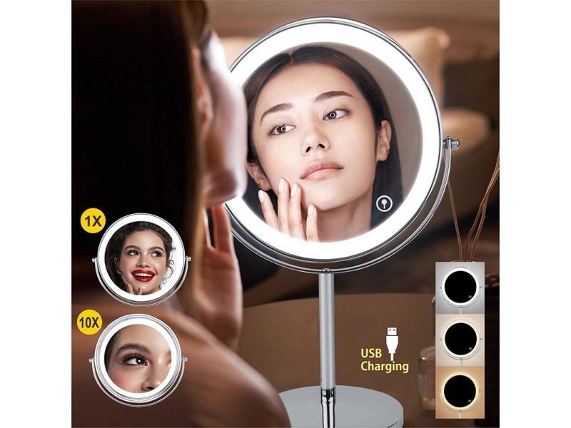 8 Inch Makeup Mirror With LED 3 Color Lights 5X7X10X Magnification Double Sided Carousel 2