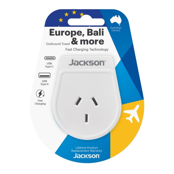 JACKSON Slim Outbound Travel Adaptor 1x USB-A and 1x USB-C (2.1A) Charging Ports Carousel 1