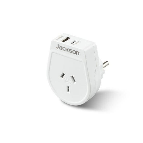 JACKSON Slim Outbound Travel Adaptor 1x USB-A and 1x USB-C (2.1A) Charging Ports Carousel 2