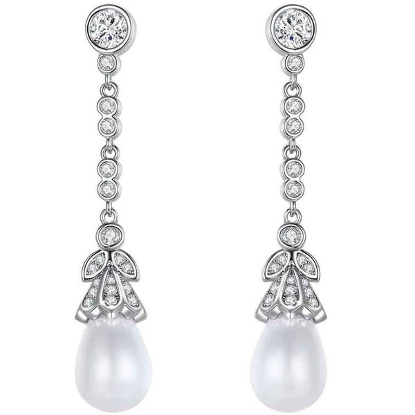 Silver Crystal Chain Drop Pearl Earring "Whitney" Carousel 1