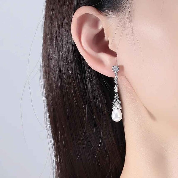 Silver Crystal Chain Drop Pearl Earring "Whitney" Carousel 2