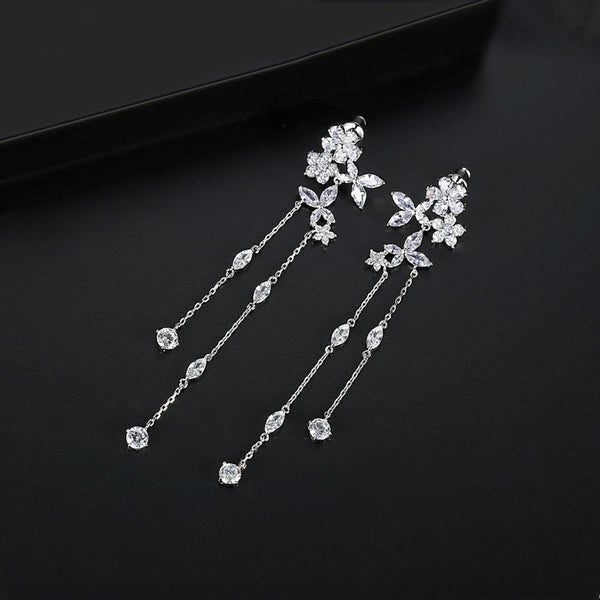Silver Crystal Tassel Drop Earrings "Bali" Carousel 1