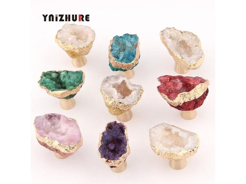 Natural Rough Stone Color Crystal Brass Kitchen Drawer Door Knob Smile Face Carousel 2