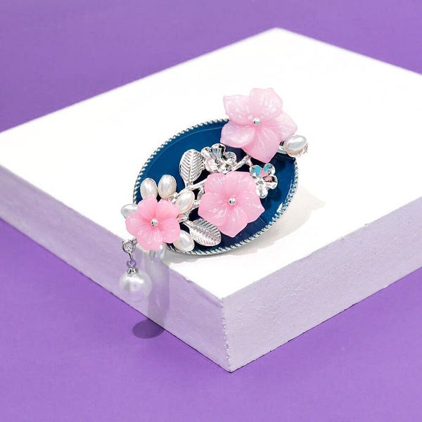 Ayana Cherry Blossom Brooch - Pink & Blue, Resin, Enamel, Oval, Pin, Flowers,... Carousel 1