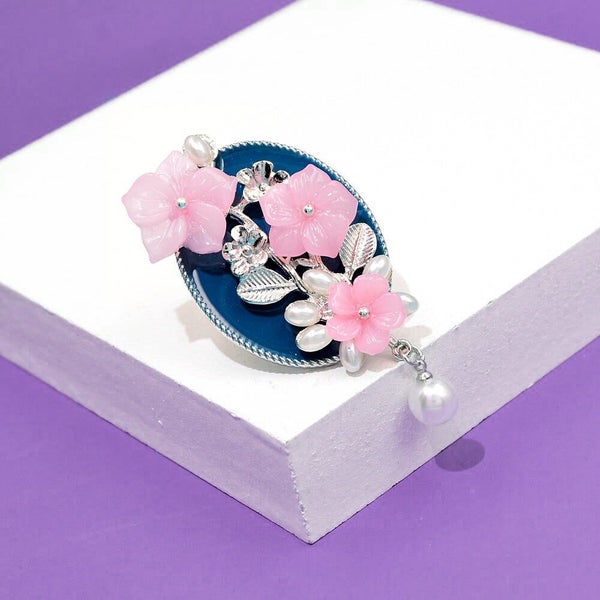 Ayana Cherry Blossom Brooch - Pink & Blue, Resin, Enamel, Oval, Pin, Flowers,... Carousel 2