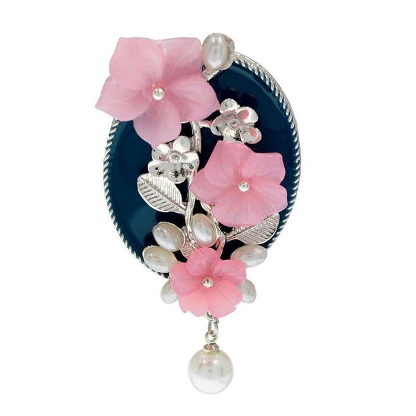 Ayana Cherry Blossom Brooch - Pink & Blue, Resin, Enamel, Oval, Pin, Flowers,... Carousel 5