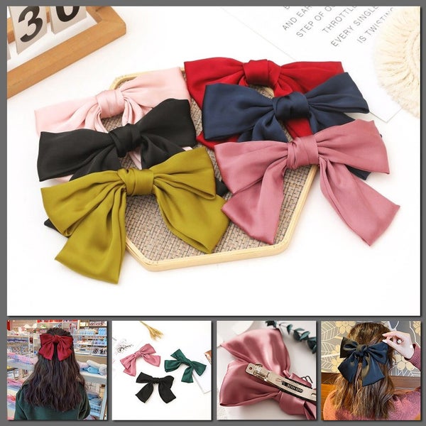 Chiaki Oversized Clip-On Bow - Single - Satin, Hair Clip, Bows, Cute, School ... Carousel 1
