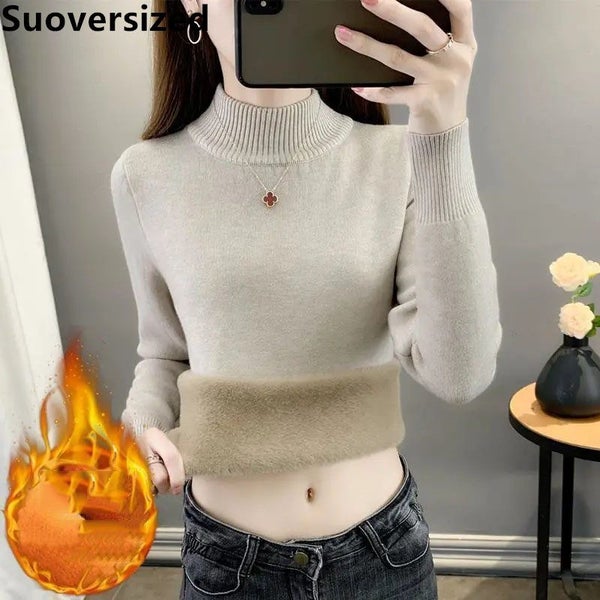 Plus Velvet Mock Neck Women's Winter Sweater Korean Casual Knitwear Carousel 1