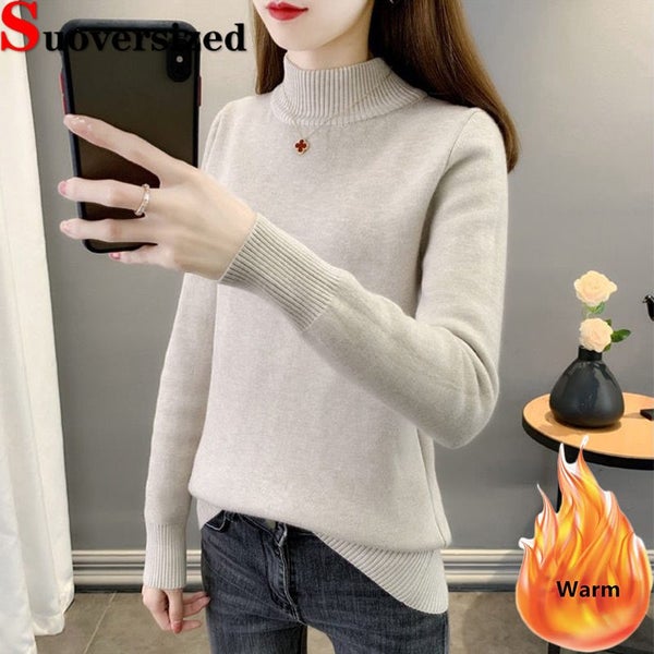 Plus Velvet Mock Neck Women's Winter Sweater Korean Casual Knitwear Carousel 2